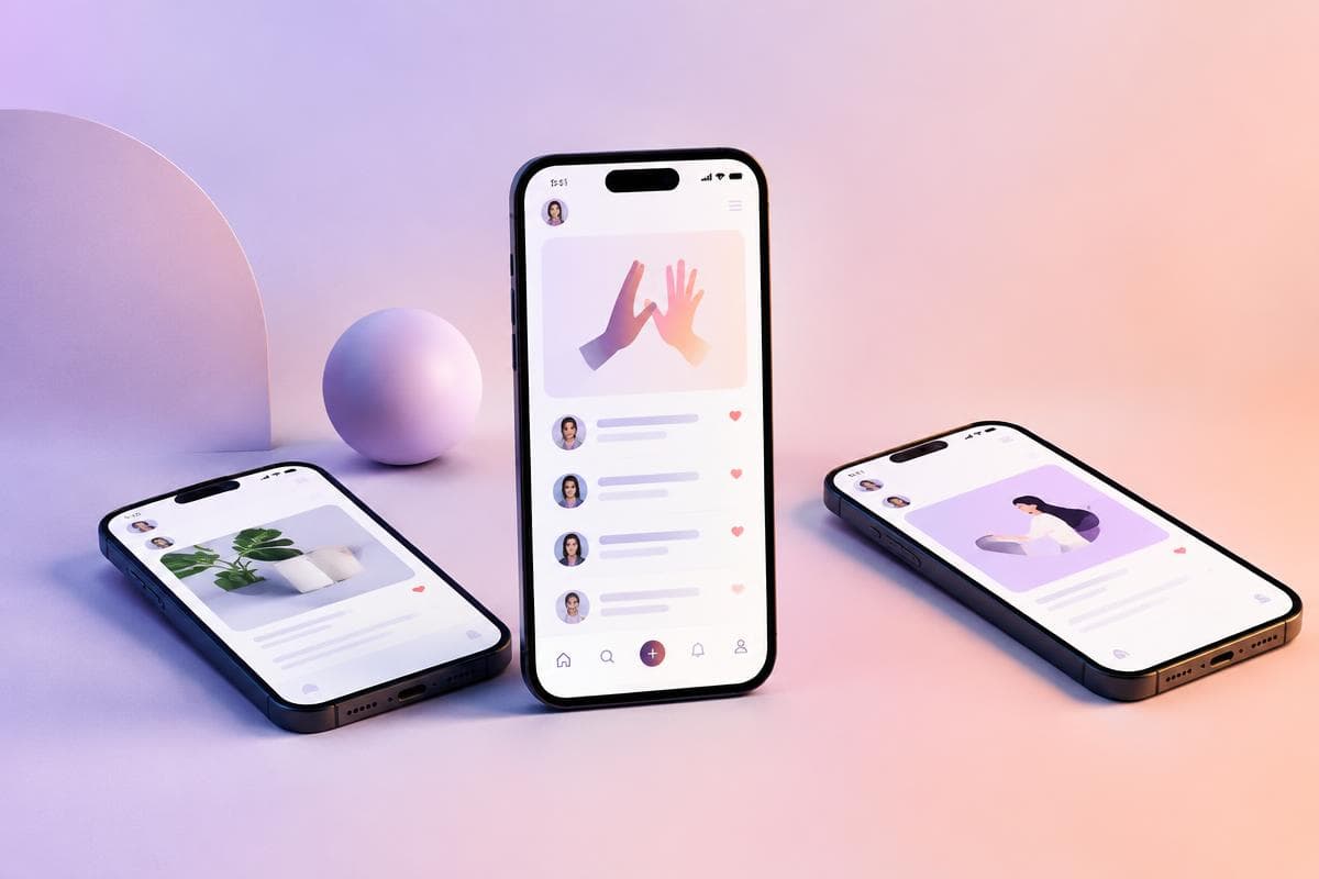 Three phones showing a peer-to-peer recognition app