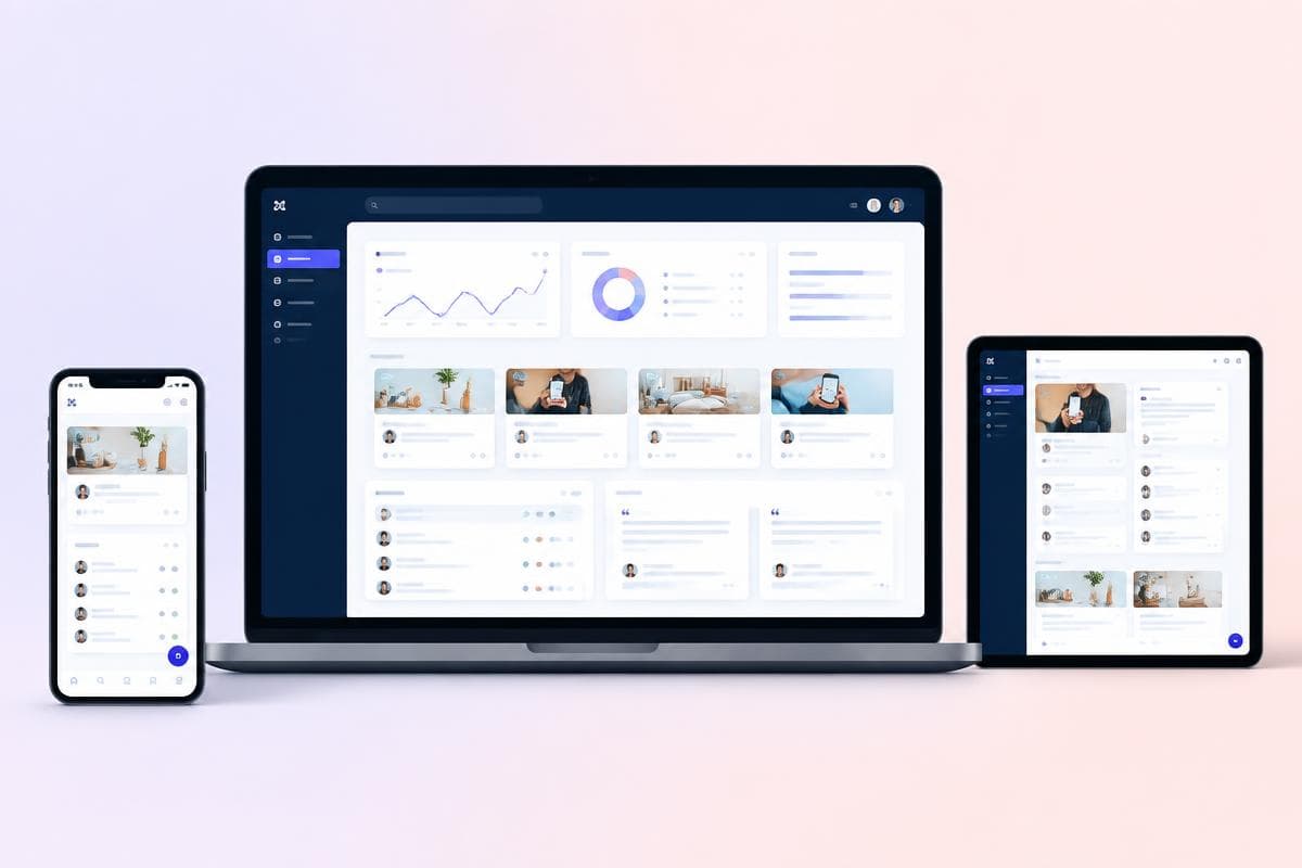 A laptop, tablet and phone showing a redesigned homepage